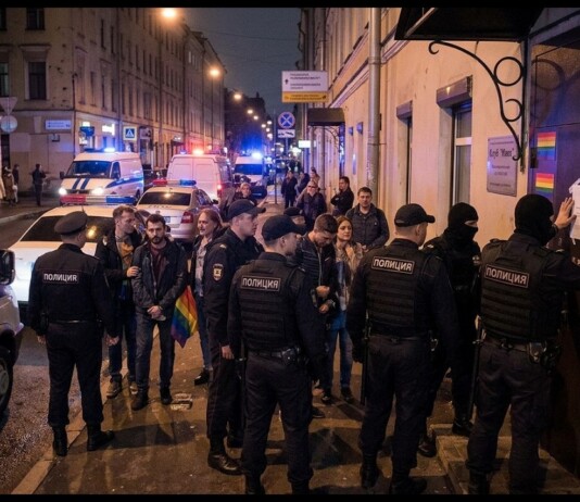 Night-time street scene with police officers and civilians gathered outside a building, a rainbow flag visible among the group, police vehicles in the background.