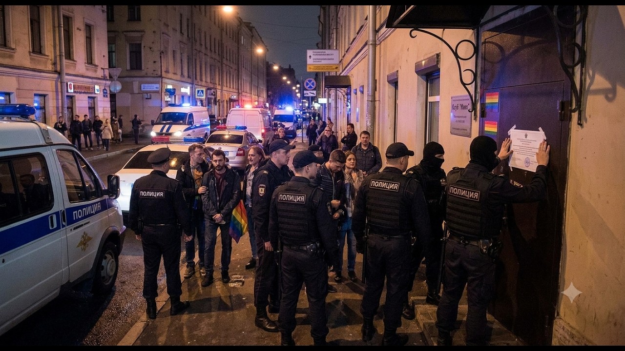 Russia Jails Bar Owner and Staff in First LGBTQ+ “Extremism” Criminal Case Night-time street scene with police officers and civilians gathered outside a building, a rainbow flag visible among the group, police vehicles in the background.