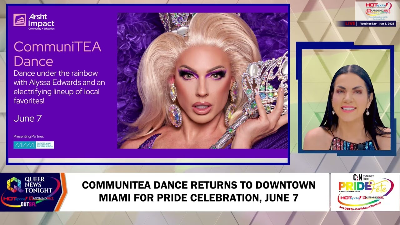 Promotional banner for ComuniTEA Dance with a glamorous drag queen on a purple panel; includes date 'June 7' and Alyssa Edwards details.