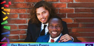 Thumbnail of two men in suits smiling against a brick wall, with a banner stating 'Gay Bishop Shares Painful Yearlong Immigration Separation' along the bottom.
