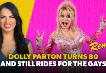REMIX: Dolly Parton turns 80 & still rides for the Gays Thumbnail featuring a smiling brunette on the left and a Dolly Parton impersonator in pink on the right, with a loud yellow and pink background and a bold caption about Dolly turning 80.