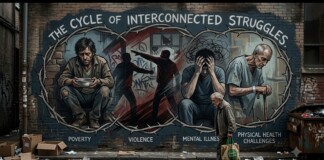 Mural titled 'The Cycle of Interconnected Struggles' illustrating poverty, violence, mental illness, and physical health challenges as a passerby with groceries walks past.