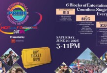 Poster for Stonewall Pride event titled '6 Blocks of Entertainment, Countless Stages for Everyone' with ticket options and date. Presented by AIDS Healthcare Foundation. June 20, 2026, 3–11 PM.