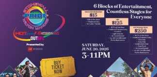 Poster for Stonewall Pride event titled '6 Blocks of Entertainment, Countless Stages for Everyone' with ticket options and date. Presented by AIDS Healthcare Foundation. June 20, 2026, 3–11 PM.