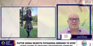 Television news screenshot with two panels: left shows a woman in a park with the caption 'we wake up to the sounds of nature'; right shows host John Hayden in a studio with lower-third label.