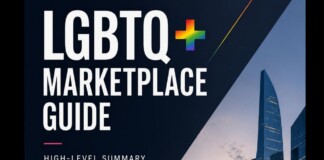 Cover image for LGBTQ+ Marketplace Guide 2026 Edition with bold white text on a dark left panel and a city skyline on the right.