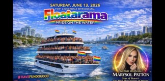 Promotional poster for Floatarama: a rainbow-colored yacht crowded with people sailing on blue water, city skyline in background, and Marysol Patton portrait on the right.