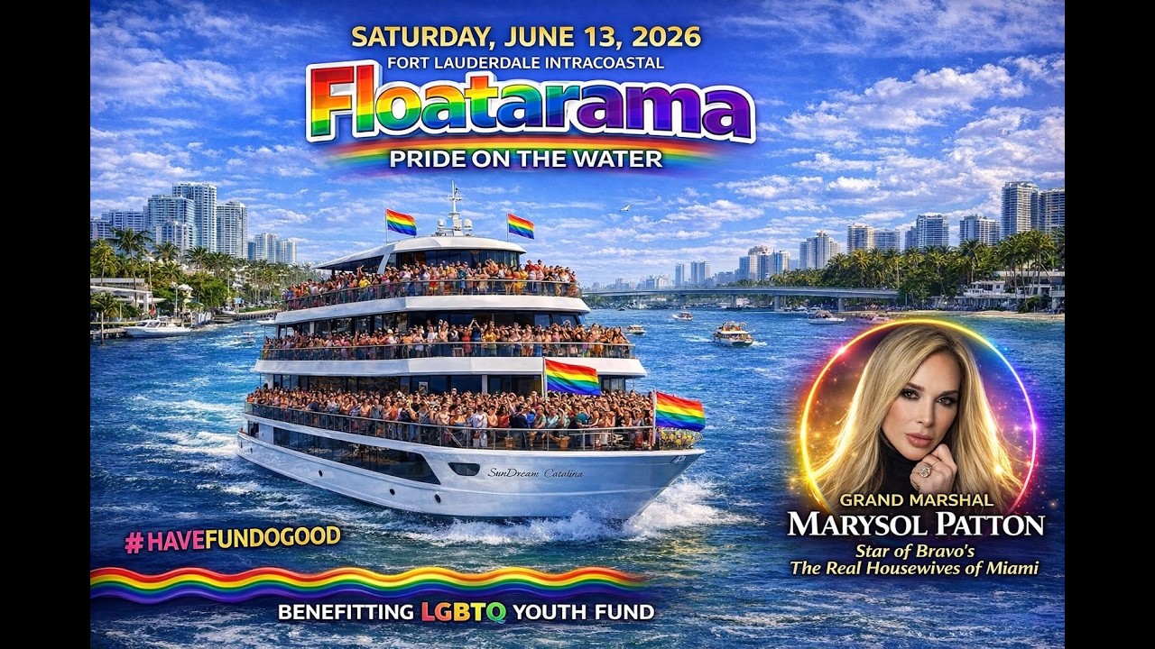 FLoatarama Returns for America’s Biggest Pride-on-Water Fundraiser, June 13 Promotional poster for Floatarama: a rainbow-colored yacht crowded with people sailing on blue water, city skyline in background, and Marysol Patton portrait on the right.