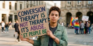 Person in a denim jacket holds a cardboard protest sign that reads, 'Conversion therapy is not therapy. It's abuse. Let people be' in a city square.