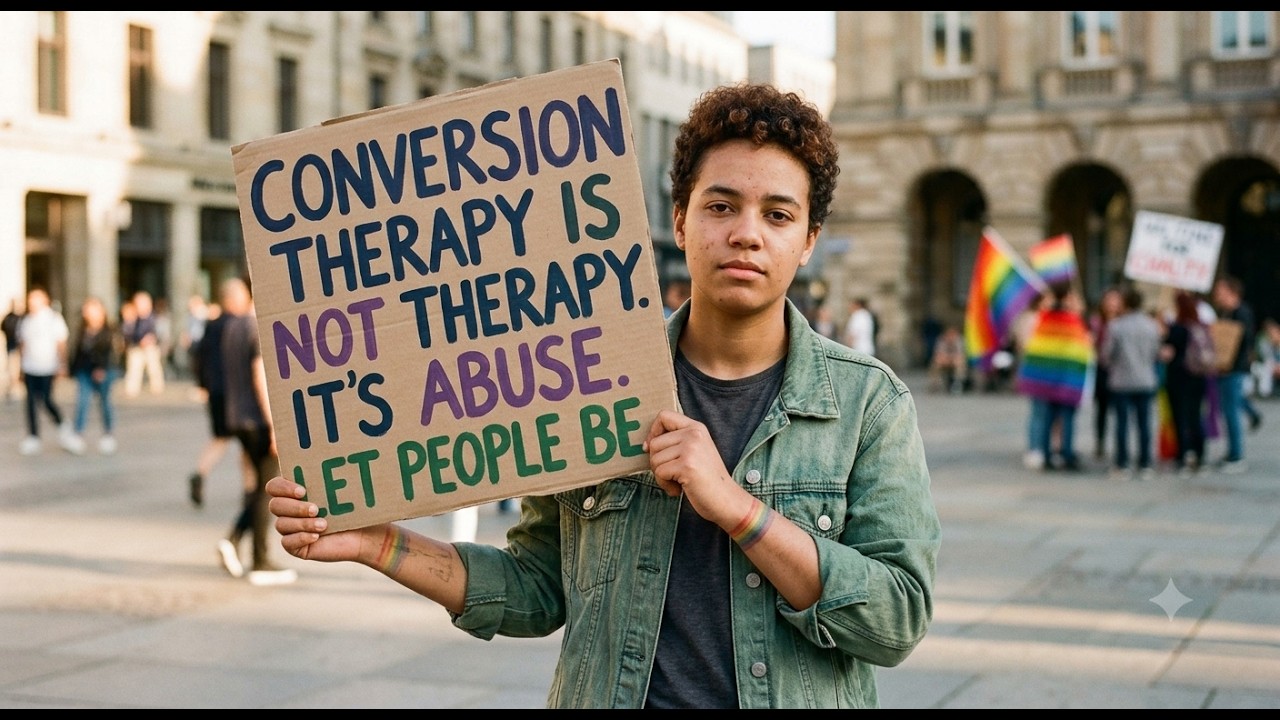 Person in a denim jacket holds a cardboard protest sign that reads, 'Conversion therapy is not therapy. It's abuse. Let people be' in a city square.