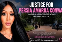 Memorial poster honoring Persia Amarra Conway, a 33-year-old transgender woman; large 'Justice for Persia Amarra Conway' headline.