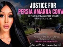 Memorial poster honoring Persia Amarra Conway, a 33-year-old transgender woman; large 'Justice for Persia Amarra Conway' headline.