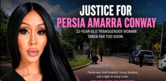 Memorial poster honoring Persia Amarra Conway, a 33-year-old transgender woman; large 'Justice for Persia Amarra Conway' headline.