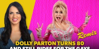 Thumbnail featuring a smiling brunette on the left and a Dolly Parton impersonator in pink on the right, with a loud yellow and pink background and a bold caption about Dolly turning 80.