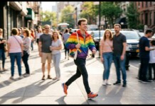 Young man in a rainbow jacket strides across a busy city street as onlookers watch from the sidewalk.
