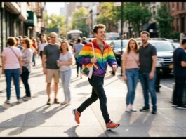 Young man in a rainbow jacket strides across a busy city street as onlookers watch from the sidewalk.