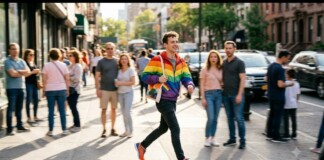 Young man in a rainbow jacket strides across a busy city street as onlookers watch from the sidewalk.