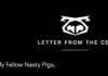 Logo for Letter From The CEO on a black background, featuring a white geometric pig emblem and the text 'My Fellow Nasty Pigs,'.