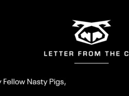 Logo for Letter From The CEO on a black background, featuring a white geometric pig emblem and the text 'My Fellow Nasty Pigs,'.