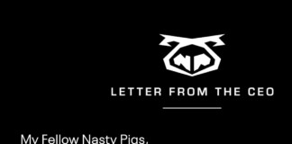 Logo for Letter From The CEO on a black background, featuring a white geometric pig emblem and the text 'My Fellow Nasty Pigs,'.
