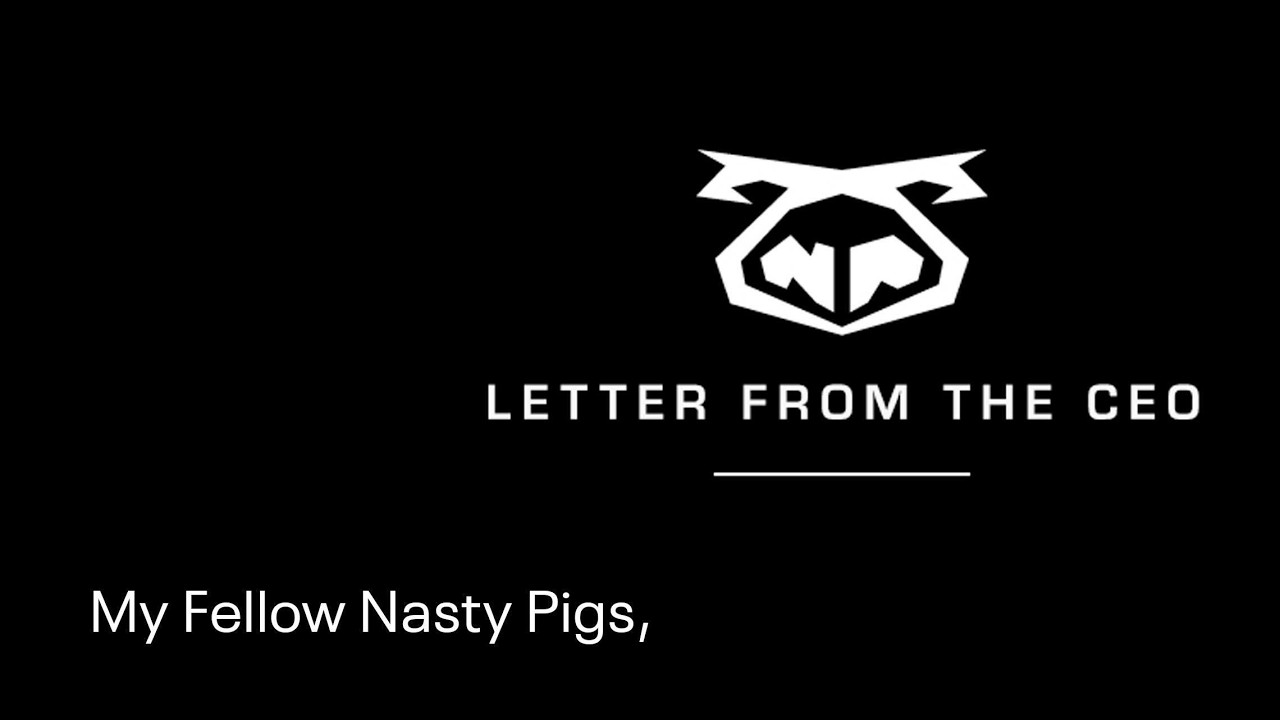Logo for Letter From The CEO on a black background, featuring a white geometric pig emblem and the text 'My Fellow Nasty Pigs,'.