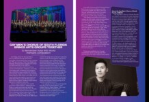 Two-page spread about the Gay Men’s Chorus of South Florida: left page shows a large choir photo with a bold headline and dense text blocks, right page has sponsor/caption panels and a portrait at the bottom.