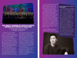 Two-page spread about the Gay Men’s Chorus of South Florida: left page shows a large choir photo with a bold headline and dense text blocks, right page has sponsor/caption panels and a portrait at the bottom.