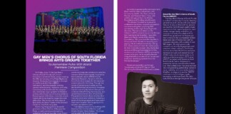Two-page spread about the Gay Men’s Chorus of South Florida: left page shows a large choir photo with a bold headline and dense text blocks, right page has sponsor/caption panels and a portrait at the bottom.