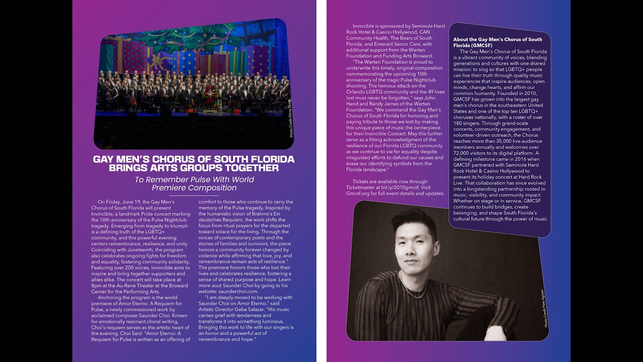 Two-page spread about the Gay Men’s Chorus of South Florida: left page shows a large choir photo with a bold headline and dense text blocks, right page has sponsor/caption panels and a portrait at the bottom.