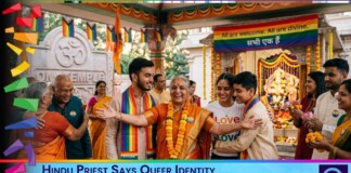 Hindu priest wearing a garland and rainbow scarf greets a diverse crowd at a temple festival, celebrating queer identity with smiles and warmth.