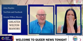 Three-panel TV set: left blue info panel, smiling bald man center, woman covering mouth on the right; bottom banner says 'WELCOME TO QUEER NEWS TONIGHT'