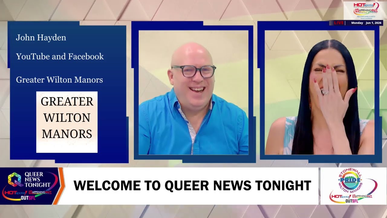 Gregg Shapiro New Book Gets Published, June 3 Three-panel TV set: left blue info panel, smiling bald man center, woman covering mouth on the right; bottom banner says 'WELCOME TO QUEER NEWS TONIGHT'