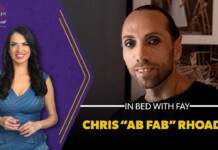 Video thumbnail with a female host in a blue dress on a purple background left, and a man with dark makeup on the right; title reads 'In Bed with Fay'.