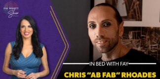 Video thumbnail with a female host in a blue dress on a purple background left, and a man with dark makeup on the right; title reads 'In Bed with Fay'.