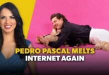 Thumbnail with a smiling woman on yellow left and a man with puppies on pink right, bold caption 'PEDRO PASCAL MELTS INTERNET AGAIN'