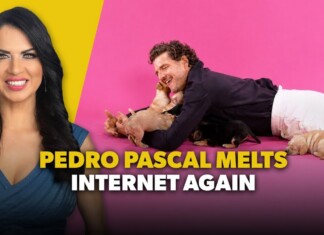 Thumbnail with a smiling woman on yellow left and a man with puppies on pink right, bold caption 'PEDRO PASCAL MELTS INTERNET AGAIN'