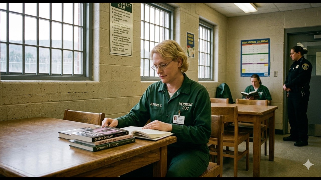 Vermont Advances Landmark Protections for Trans Prisoners Female inmate in a green uniform reads at a library table, with a stack of books nearby as a guard stands in the background near the doorway.
