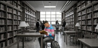 Student in a pink-and-blue striped hoodie reads a book at a library table, with a backpack on the floor beside him and other students in the background.