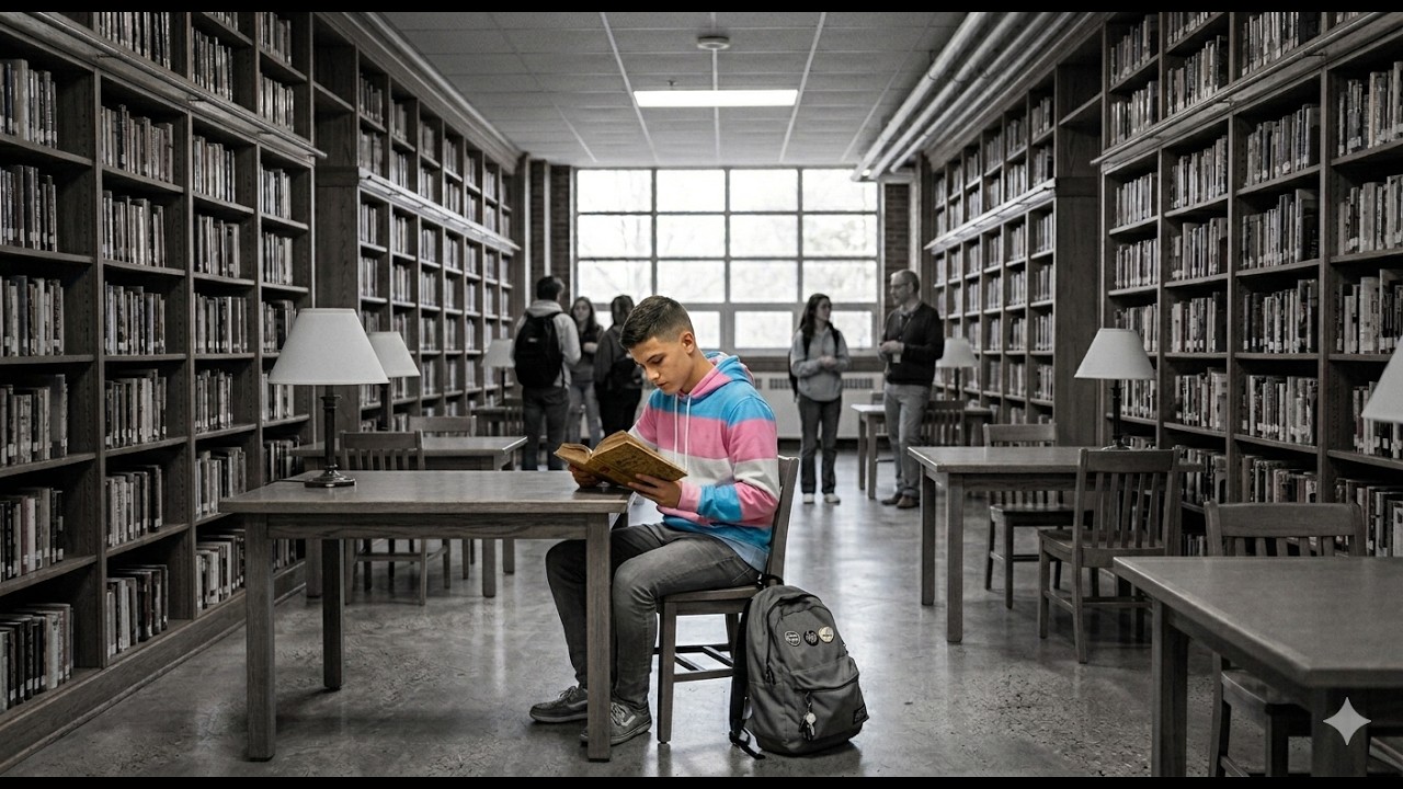 Student in a pink-and-blue striped hoodie reads a book at a library table, with a backpack on the floor beside him and other students in the background.