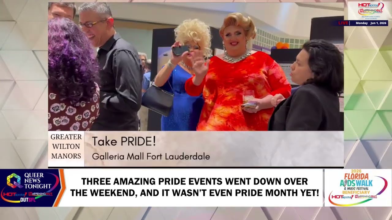 THREE AMAZING PRIDE EVENTS WENT DOWN OVER THE WEEKEND, AND IT WASN’T EVEN PRIDE MONTH YET! Group of people at a Pride event posing and waving, with a banner reading 'Take PRIDE! Galleria Mall Fort Lauderdale'