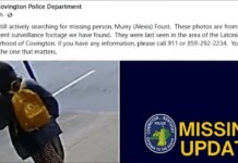 Missing Trans NKU Student Murry Foust Found Dead After Weeks-Long Search in Kentucky Left: person wearing a dark jacket and patterned leggings walks away on a sidewalk with an orange backpack; Right: dark blue panel with a Covington, Kentucky Police seal and large yellow 'MISSING UPDATE' text.