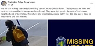 Left: person wearing a dark jacket and patterned leggings walks away on a sidewalk with an orange backpack; Right: dark blue panel with a Covington, Kentucky Police seal and large yellow 'MISSING UPDATE' text.