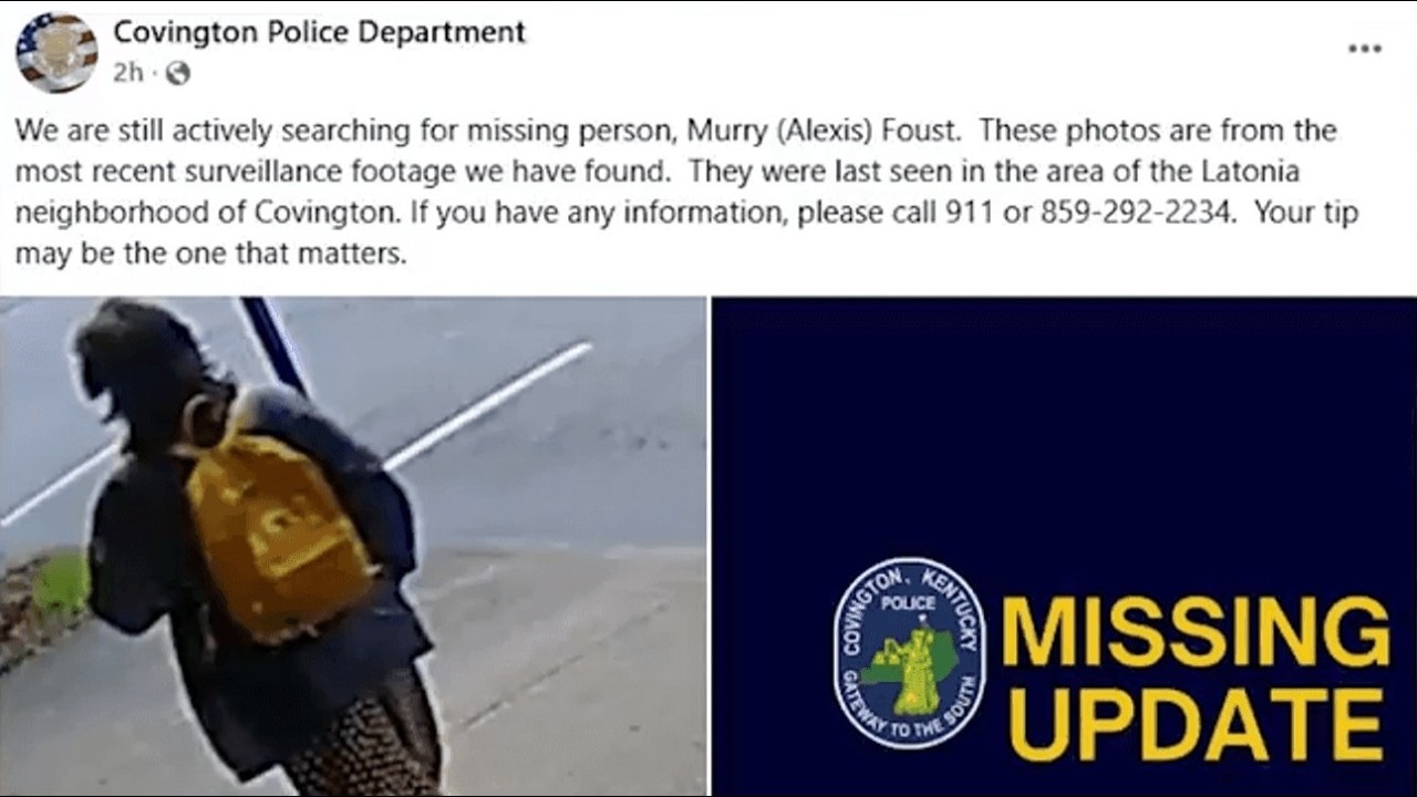 Left: person wearing a dark jacket and patterned leggings walks away on a sidewalk with an orange backpack; Right: dark blue panel with a Covington, Kentucky Police seal and large yellow 'MISSING UPDATE' text.