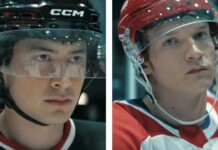 Heated Rivalry Season 2 Raises Concerns Inside NHL Over LGBTQ+ Storyline Portrayal Two ice hockey players in helmets face forward on a split screen (left in black CCM helmet, right in red jersey).