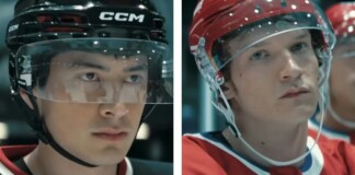 Two ice hockey players in helmets face forward on a split screen (left in black CCM helmet, right in red jersey).