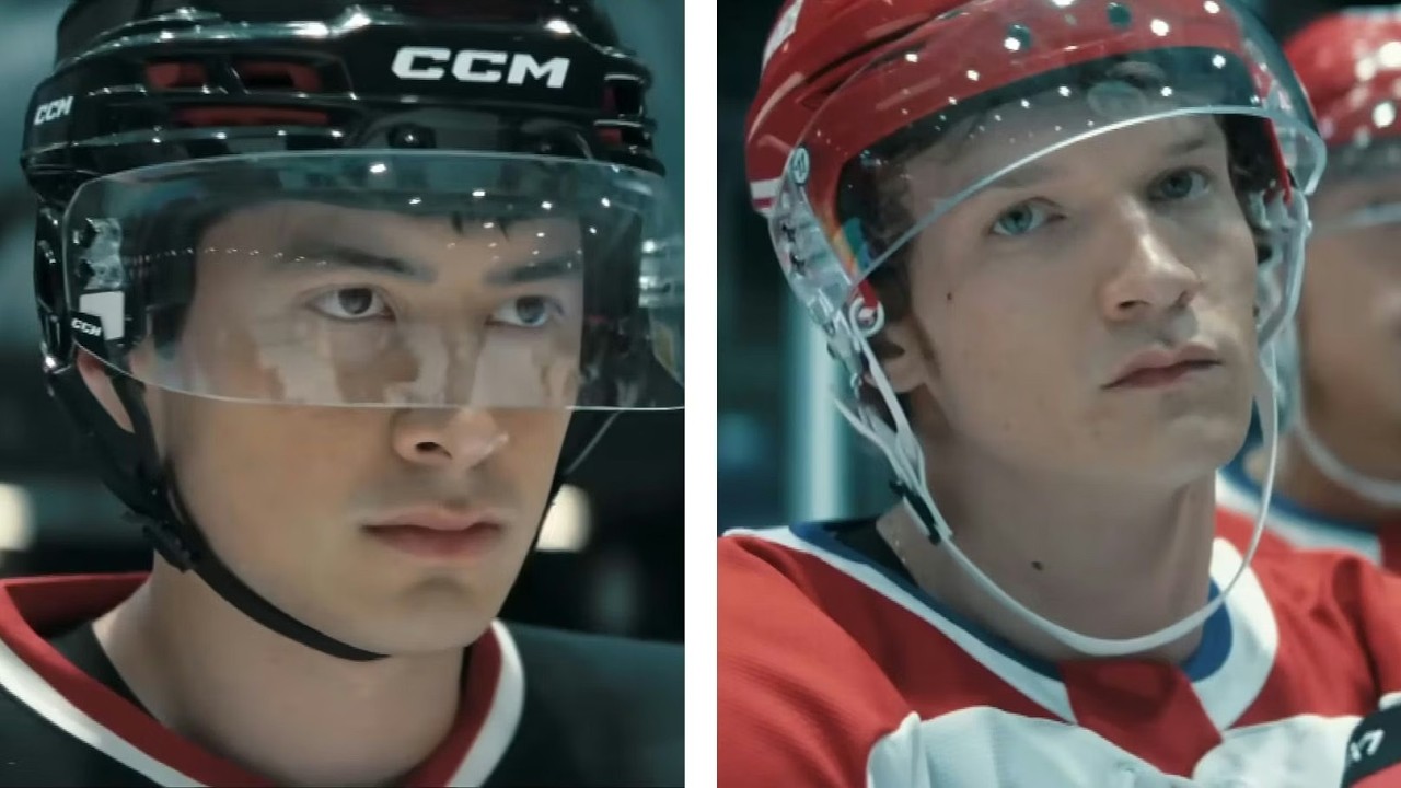 Two ice hockey players in helmets face forward on a split screen (left in black CCM helmet, right in red jersey).
