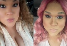 Two women pose for a side-by-side selfie: left with curly hair and large hoop earrings, right with pink hair and bold makeup.