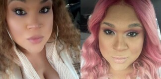 Two women pose for a side-by-side selfie: left with curly hair and large hoop earrings, right with pink hair and bold makeup.