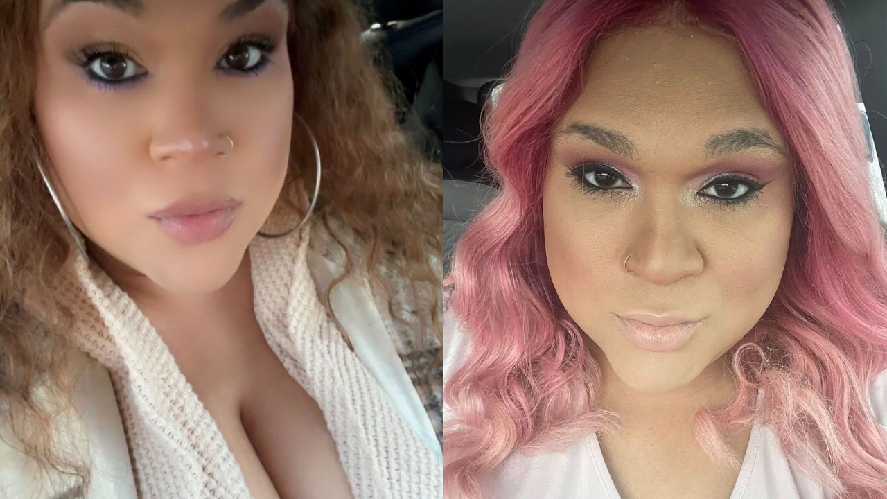 Two women pose for a side-by-side selfie: left with curly hair and large hoop earrings, right with pink hair and bold makeup.