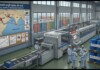 Iran War Triggers Condom Shortage And Raises HIV Concerns in India Factory assembly line with workers in blue uniforms, conveyors and machinery, and stacked blue barrels on pallets, beside a wall chart titled Global Supply Chain and Conflict showing shipping routes.